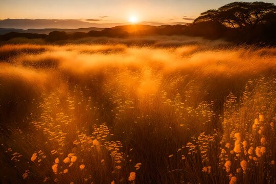 Abstract warm landscape of dry wildflower and grass meadow on warm golden hour sunset nature field background Soft shallow focus. Copy space image