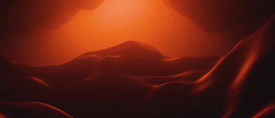 Foto op Plexiglas anti-reflex Alien Planet - 3D Rendered Landscape. Cave with orange and blue light in the fog. Alien sci-fi landscape in retro 80s style. Beautiful gradient background with grain effect. Mystery cyberpunk Cave. © Kateryna