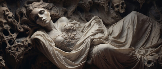 Sculpture depicting beauty in death with a woman in a silk like dress eternally resting in peace, carved out of marble rock wall with disfigured skulls surrounding her body. 
