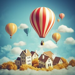 Fototapeta na wymiar Colorful hot air balloons soaring above whimsical floating houses against a dreamy sky