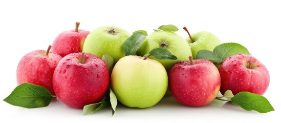 A collection of fresh ripe red and green apples with leaves stacked together, isolated on a white background. The apples are vibrant in color and have a natural shine to them.