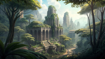 Fantasy landscape with ancient temple in the jungle.