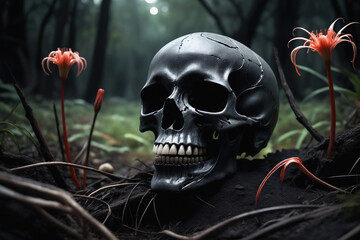 Fantasy illustration of a skull and flowers in a dark swamp