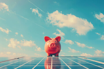 Solar energy money saving. A piggy bank money box on a solar energy panel - obrazy, fototapety, plakaty