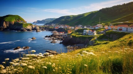 Quaint seaside village and rocky headlands in the sunlight - Powered by Adobe