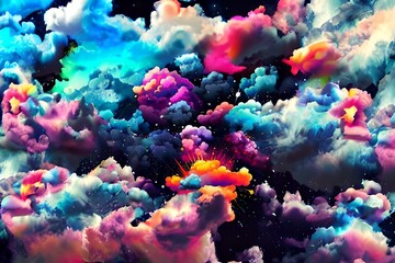 Naklejka na ściany i meble Vibrant and colorful abstract cloud formation, resembling a nebula in space