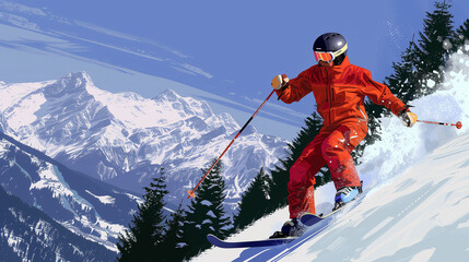 Dynamic Skier in Orange Suit Enjoying Winter Sports in Mountainous Terrain