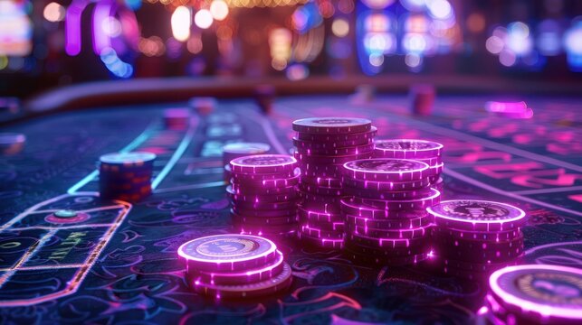 Create a mesmerizing close up scene of a casino table adorned with ornate chips and cards bathed in the vibrant glow of neon lights using vivid language to bring the scene to life