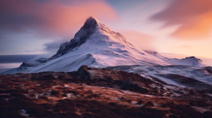 Remote mountain peak with dawn light and sky
