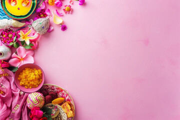 Obraz na płótnie Canvas Happy Purim postcard. Traditional carnival Jewish items. Pink layout background