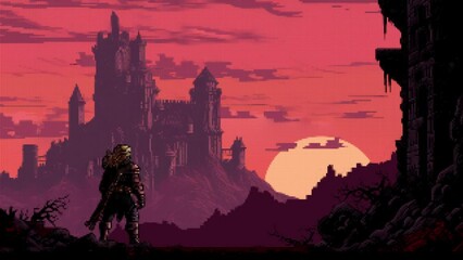 A hero looks at the Vampire Castle in 8-bit, suited for pixel art game development.