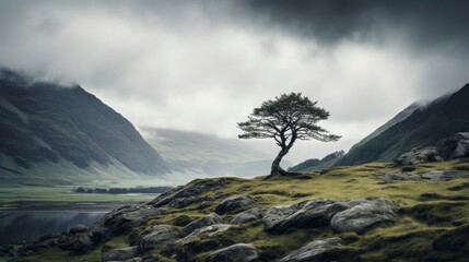 Tree and mountain a moody and craggy landscape