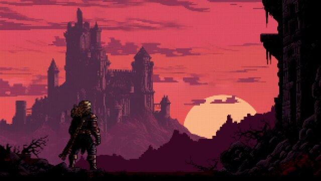 A hero looks at the Vampire Castle in 8-bit, suited for pixel art game development.