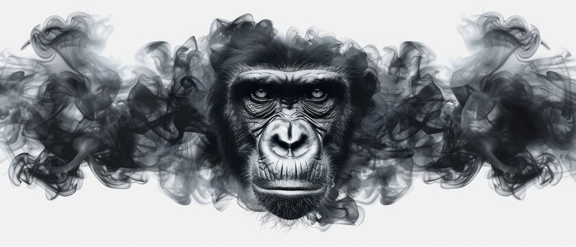 a black and white photo of a monkey's face with smoke coming out of it's back side.