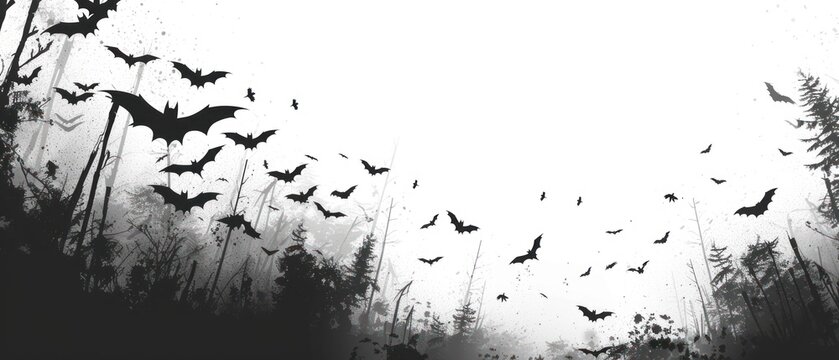 a black and white photo of bats flying in the air over a forest filled with tall grass and tall trees.