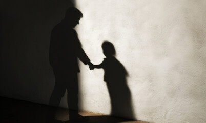 Disturbing image depicting the silhouette of an adult man holding hands with a child, symbolizing the dark realities of child trafficking, theft, and abuse - obrazy, fototapety, plakaty