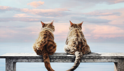 Close-up of two cats romantically sitting on a bench and gazing toward the ocean horizon