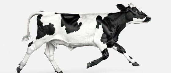 a black and white cow is running on a white background with a black and white spot on it's face.