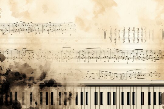 A musical theme with piano keys creating a border around the tex