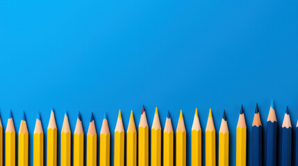 A row of yellow and blue pencils on a blue background