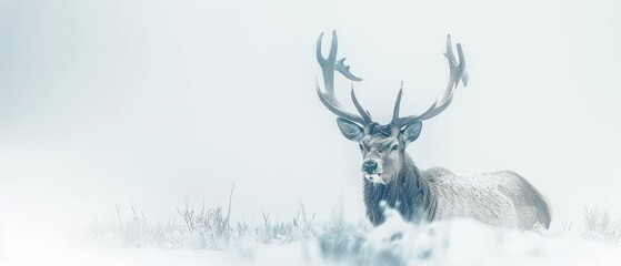 a white - tailed deer with antlers stands in a snow - covered field with tall grass in the foreground. - obrazy, fototapety, plakaty