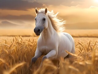 free white horse in the field under sunlight - obrazy, fototapety, plakaty