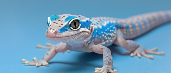 a close up of a lizard with a blue and white pattern on it's body on a blue background.