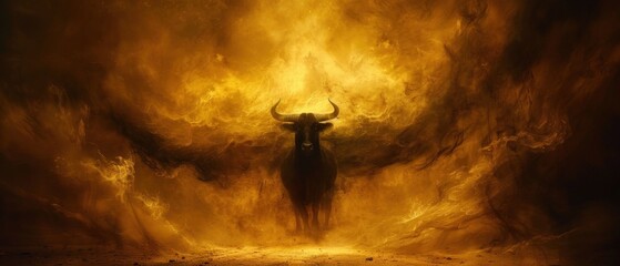 a painting of a demon standing in the middle of a yellow and orange smoke filled area with a demon on it's back.