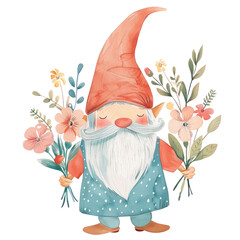 Garden Gnome Holding Colorful Flowers Illustration