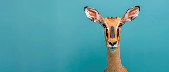 a close - up of a gazelle's head against a blue background with a small amount of light coming from its eyes. - obrazy, fototapety, plakaty