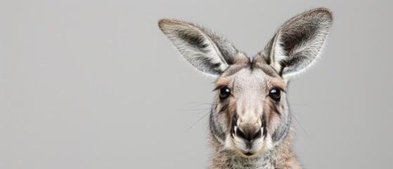 a close - up of a kangaroo's face with a gray background and a light brown kangaroo's ear.