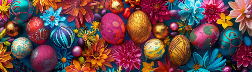 Vibrant Easter Egg Assortment Amidst Floral Beauty