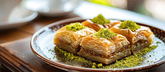 A plate with a classic Turkish treat called baklava is placed on a wooden table. The dessert consists of layers of phyllo dough, sweet syrup, and pistachios, creating a delicious and nutty flavor.