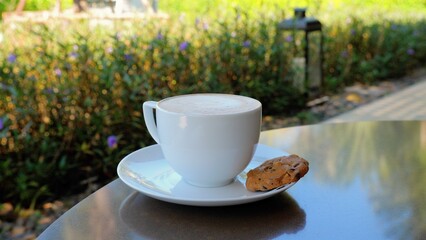 A coffee cup and a cookie on a saucer placed on a table with a plant nearby.