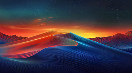 Surreal landscape of vibrant blue and red dunes under a starry sky, evoking a sense of otherworldly beauty and the mystery of alien terrains.Natural background concept.AI generated.