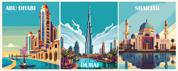 Set of Travel Destination Posters in retro style. Abu Dhabi, Dubai, Sharjah, United Arab Emirates prints. Exotic summer vacation, international holidays concept. Vintage vector illustrations.