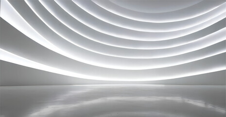 3D white Interior Background. Curved white wall extends from one end to other.