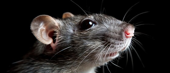 a close up of a rat's face with it's head turned to the side and it's eyes wide open.