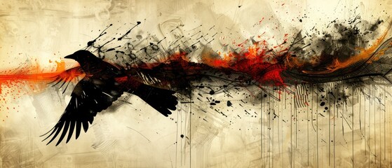 a painting of a bird flying in the air with red and black paint splatters on it's wings.