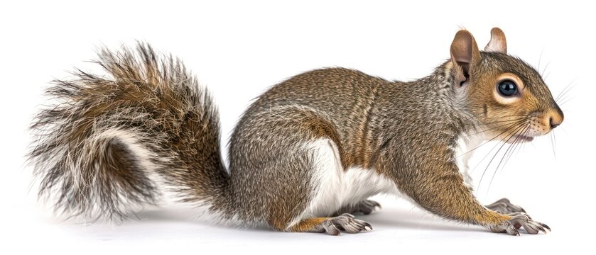 a close up of a squirrel on a white background with a blurry image of the squirrel's tail.