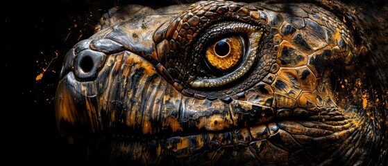 a close up of an animal's eye with orange and black paint splattered on it's skin.