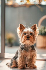 Yorkshire terrier sits on the floor in a bright room and looks at the camera, pet care concept, dog food production