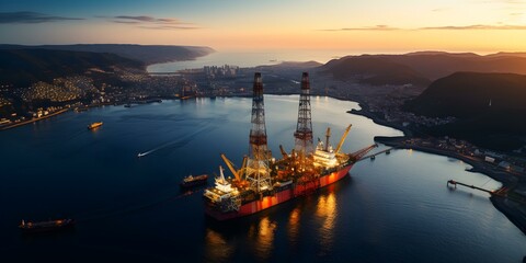 Aerial view of an offshore oil rig at sunset extracting fuel. Concept Sunset, Offshore Oil Rig, Aerial View, Fuel Extraction, Industrial Environment - obrazy, fototapety, plakaty