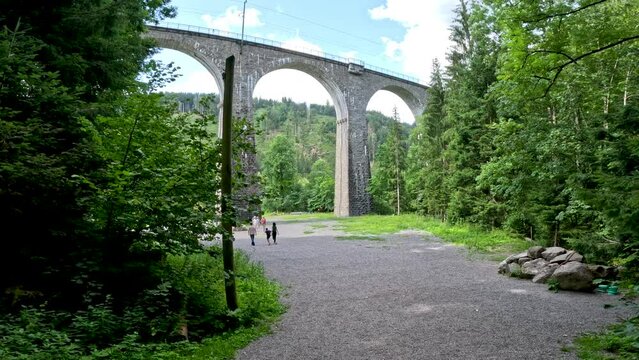 The Ravenna Bridge Viaduct, located within the Black Forest in Germany. The bridge is a 190 ft high and 738 ft long railway viaduct on the Höllental Railway line in Breitnau, Breisgau-Hochschwarzwald.