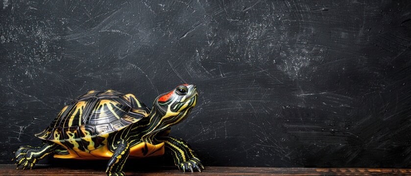 a painted turtle sitting on top of a wooden table next to a chalkboard wall with a chalkboard in the background.