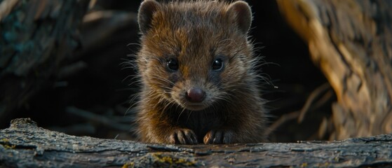 a close up of a small animal on a tree branch with a blurry background of a log and branches.