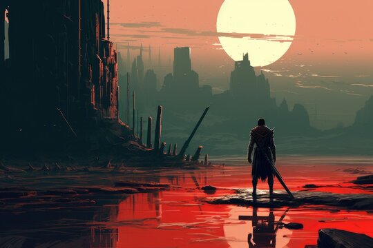 a warrior standing at the abandoned port and looking at the broken giant sword, digital art