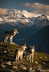 Three wolf stand on the mountain 