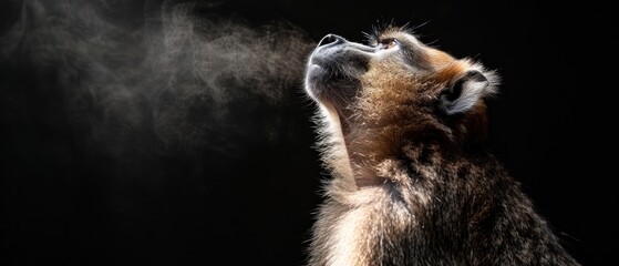 a close up of a dog's face with smoke coming out of the top of it's head.