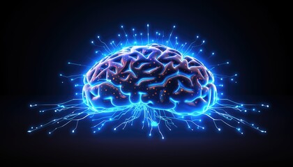 A wireframe mesh of a human brain with glowing blue lines connecting different parts